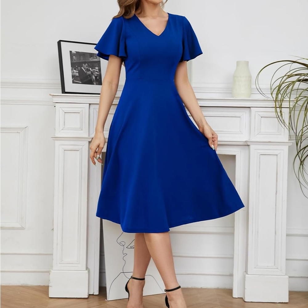 Bridesmay Formal Wedding Ruffle Sleeve Modest Cocktail Blue Midi Dresses NEW